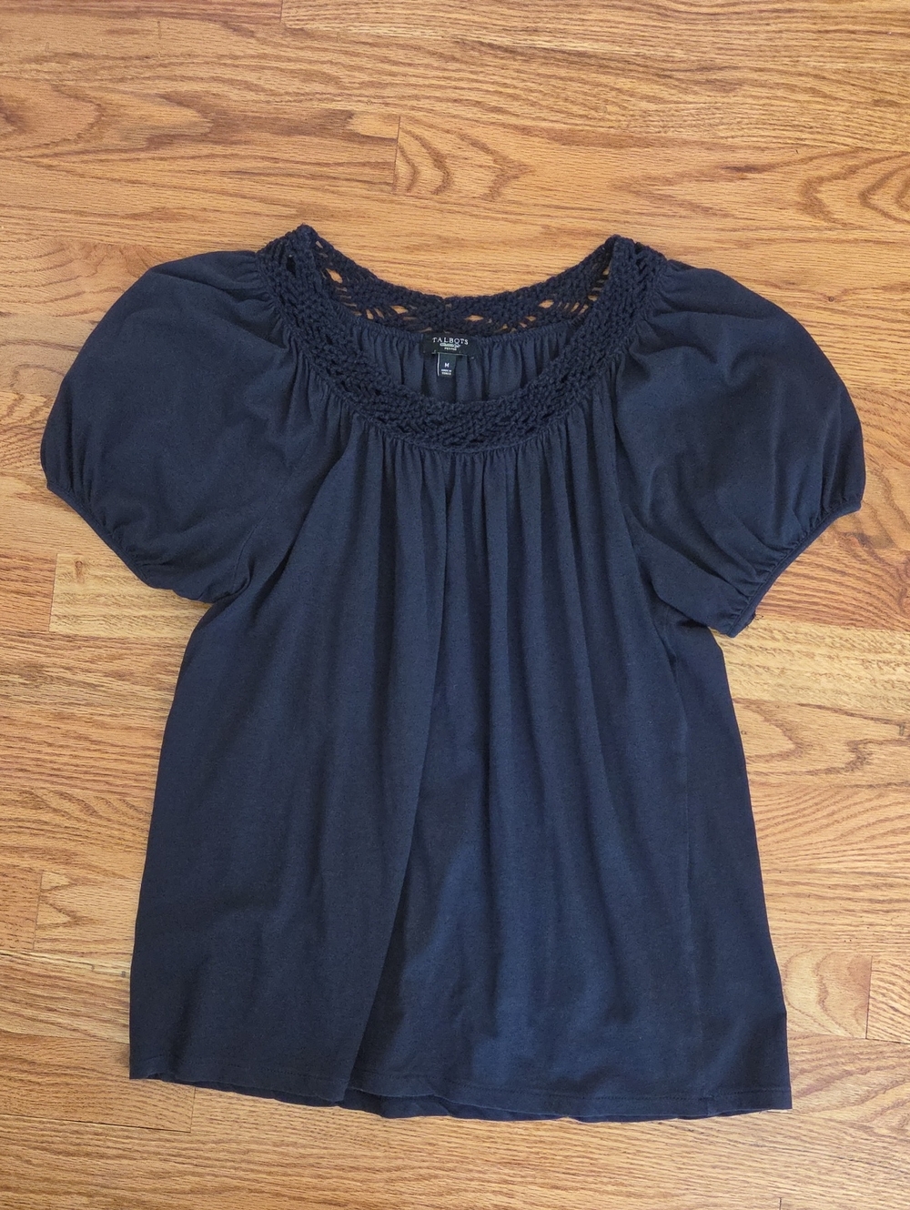 Talbots Black Scoop Neck Crochet Yoke Blouse Size:  MP